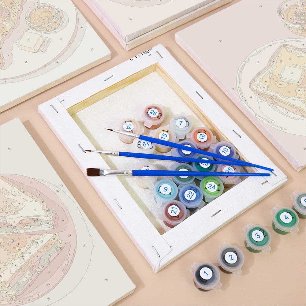 Numbered paint pots and brushes on a pre-stretched Brunch Club mini canvas