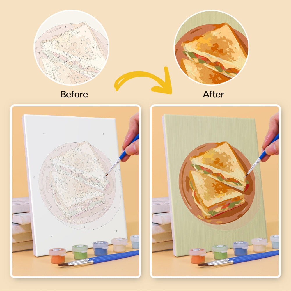 Before and after of a Brunch Club mini paint by numbers canvas