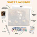 What's included in the Bulldog's Boardroom Break paint by numbers kit: numbered linen canvas, reference sheet, color guide, 24 acrylic paints, 3 brushes and thank you card