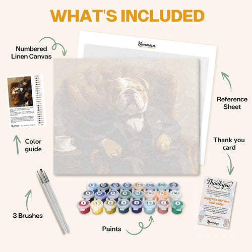 What's included in the Bulldog's Boardroom Break paint by numbers kit: numbered linen canvas, reference sheet, color guide, 24 acrylic paints, 3 brushes and thank you card