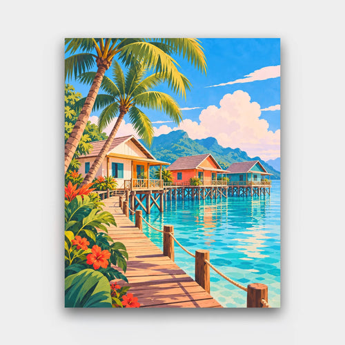 Bungalows on the Lagoon paint by numbers kit of colorful stilt houses over turquoise water with palms in vintage travel-poster style