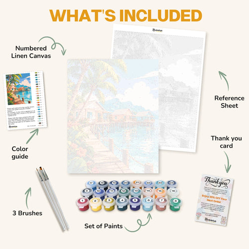 What's included in the Bungalows on the Lagoon paint by numbers kit: numbered linen canvas, reference sheet, color guide, 24 acrylic paints, 3 brushes and thank you card