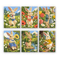 Bunny Garden mini paint by numbers set: six storybook rabbits in vests among daisies, poppies, tulips and sunflowers