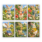 Bunny Garden mini paint by numbers set: six storybook rabbits in vests among daisies, poppies, tulips and sunflowers