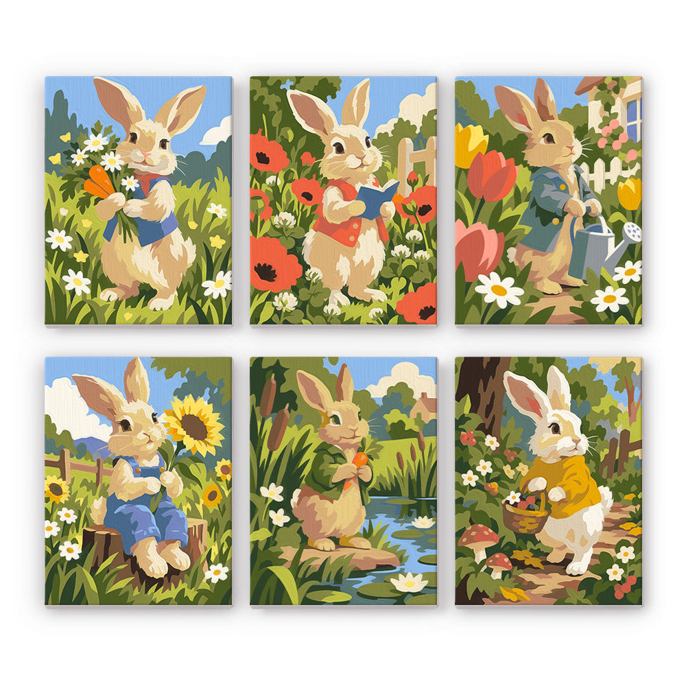 Bunny Garden mini paint by numbers set: six storybook rabbits in vests among daisies, poppies, tulips and sunflowers