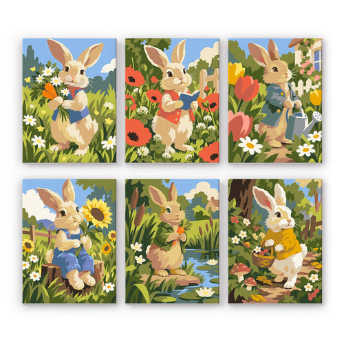 Bunny Garden mini paint by numbers set: six storybook rabbits in vests among daisies, poppies, tulips and sunflowers