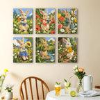 Bunny Garden mini paintings displayed as a gallery wall in a sunny kitchen