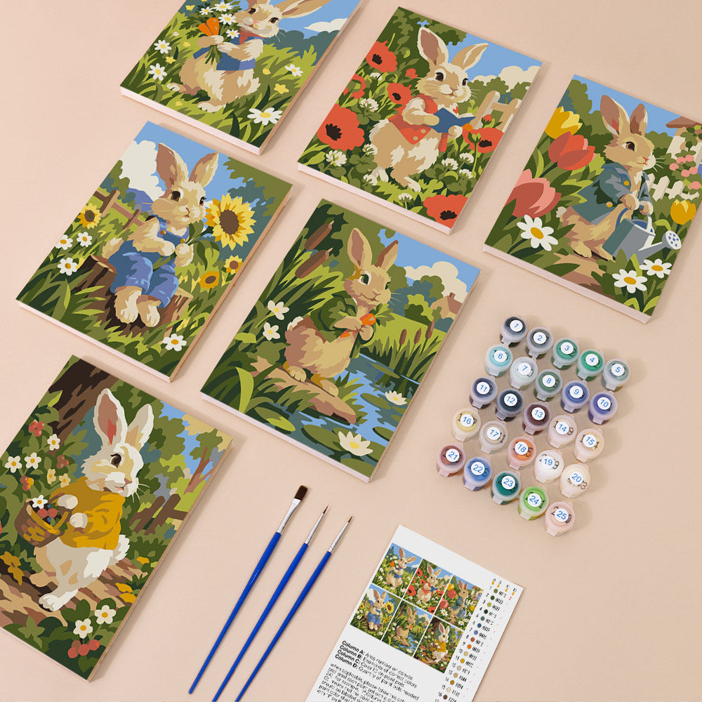 Bunny Garden mini paint by numbers kit with six numbered canvases, acrylic paints, brushes and layout