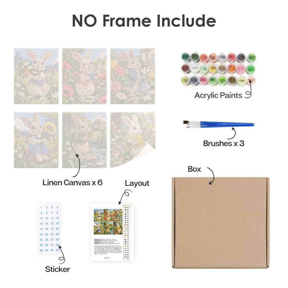 What's included without a frame: six rolled Bunny Garden mini canvases, acrylic paints, three brushes and layout