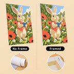Bunny Garden mini canvas shown rolled without a frame and pre-stretched on a frame