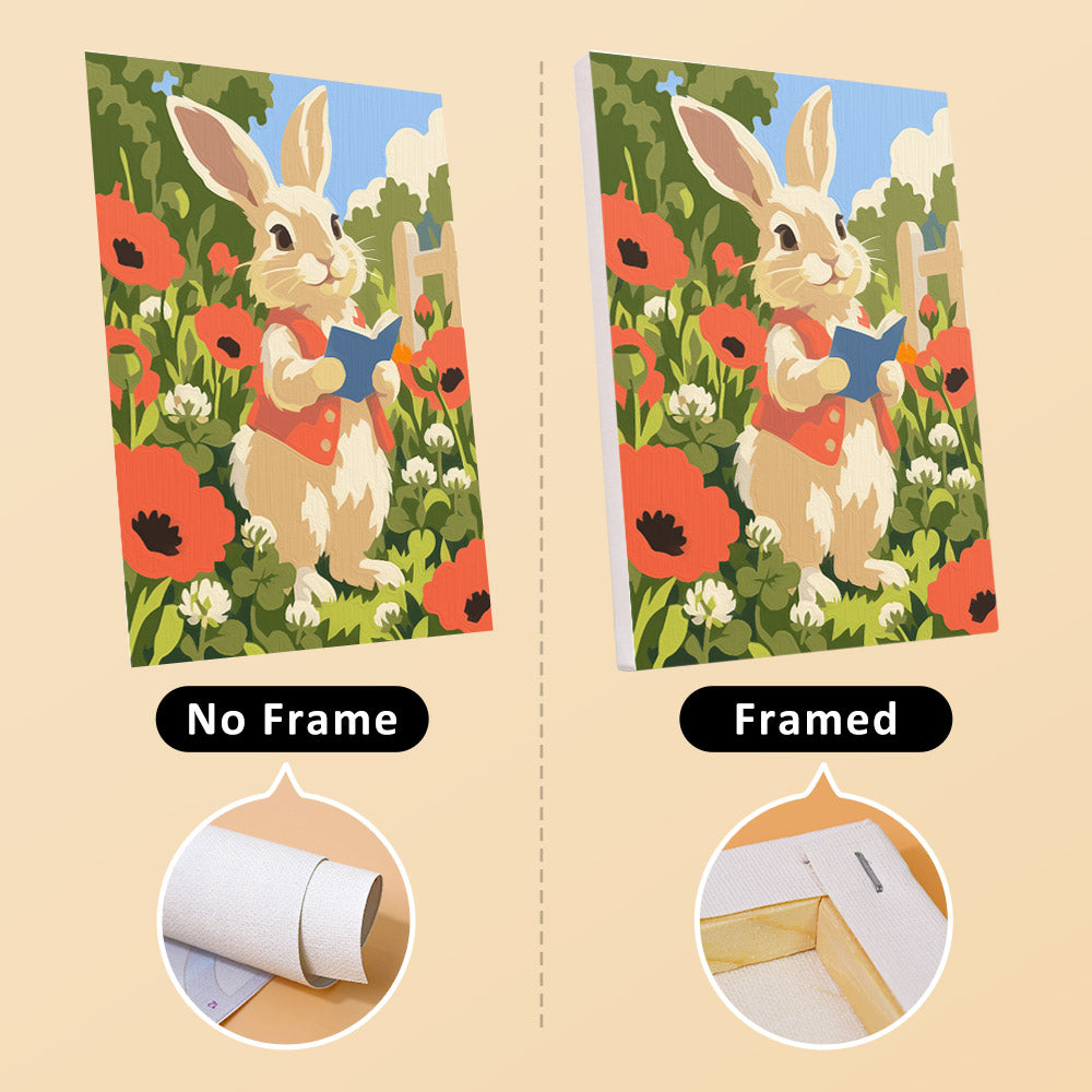 Bunny Garden mini canvas shown rolled without a frame and pre-stretched on a frame