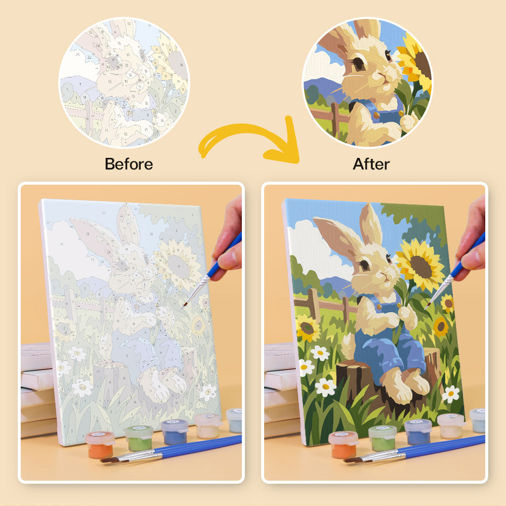Before and after of a Bunny Garden mini paint by numbers canvas