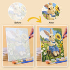 Before and after of a Bunny Garden mini paint by numbers canvas