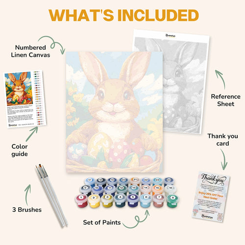 What's included in the Bunny’s Basket of Easter Magic paint by numbers kit: numbered linen canvas, reference sheet, color guide, 24 acrylic paints, 3 brushes and thank you card