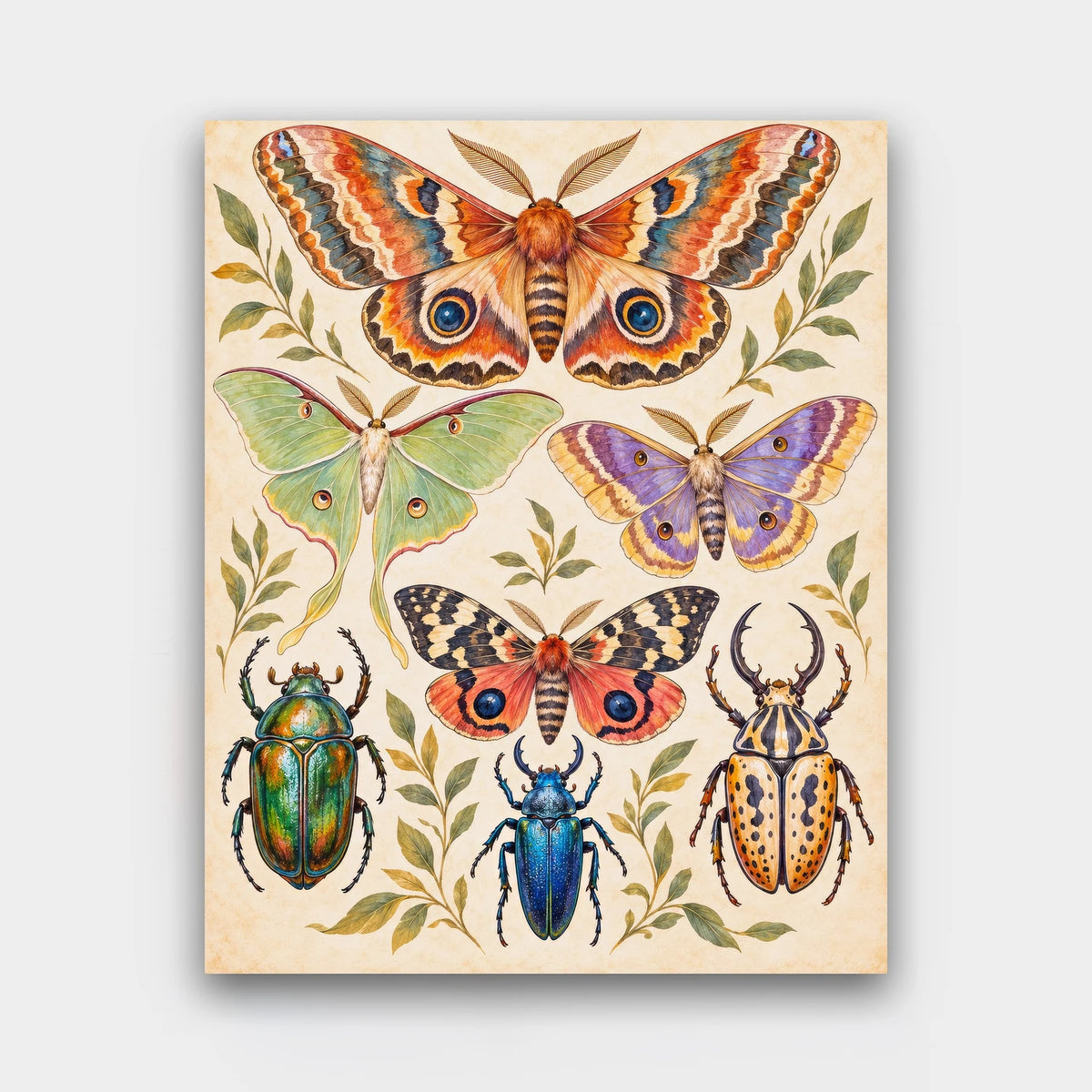 Cabinet of Moths paint by numbers kit of colorful moths, a luna moth and jewel beetles arranged on aged paper