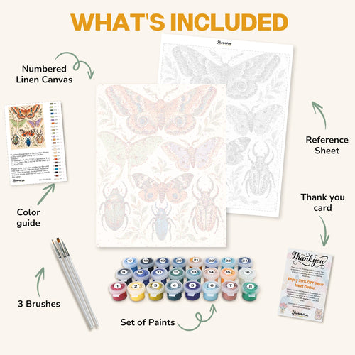 What's included in the Cabinet of Moths paint by numbers kit: numbered linen canvas, reference sheet, color guide, 24 acrylic paints, 3 brushes and thank you card