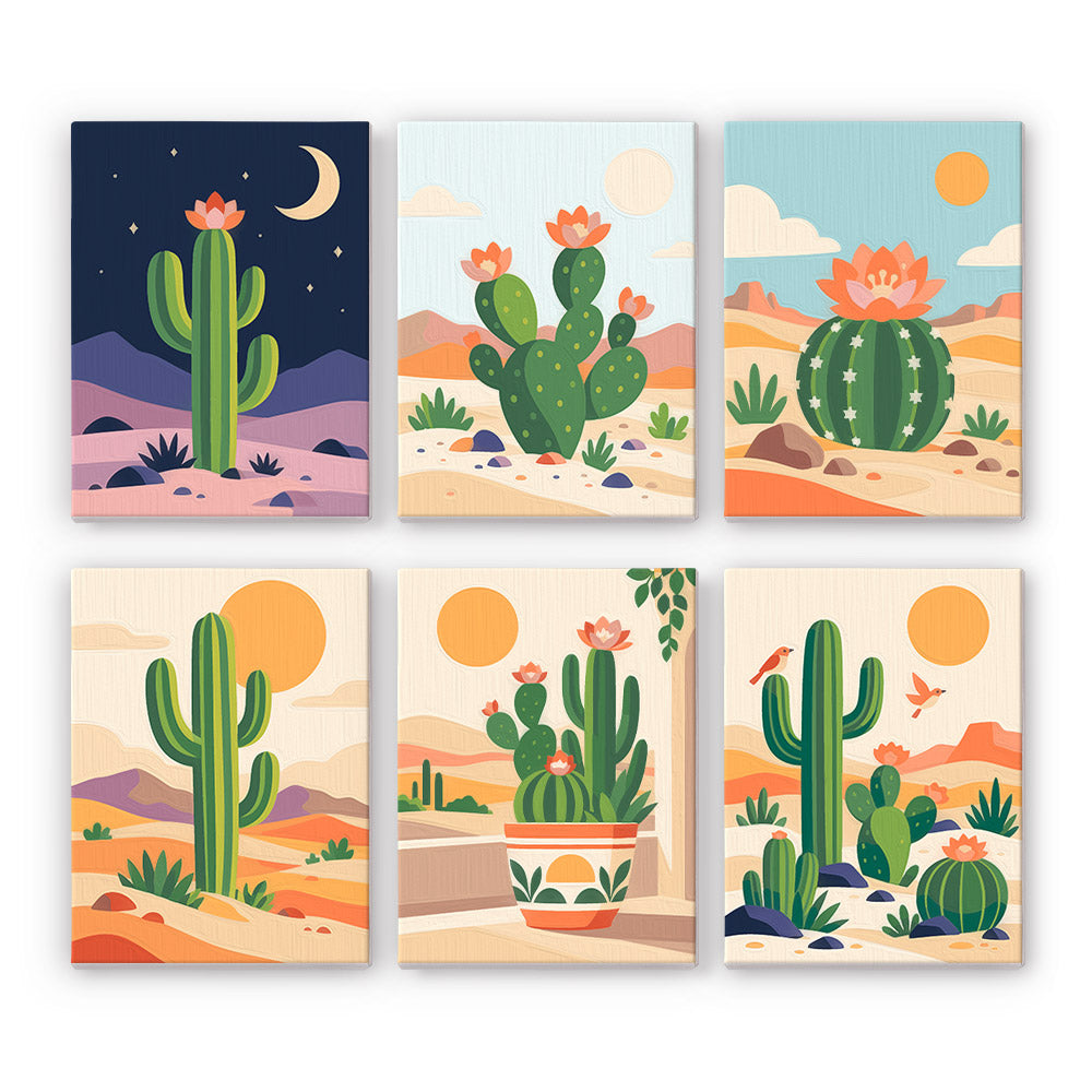 Cactus Country mini paint by numbers set: six designs of blooming saguaro, prickly pear and barrel cacti in the desert