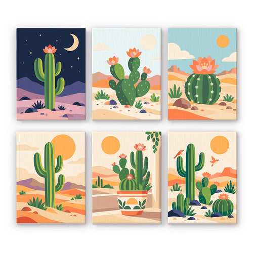 Cactus Country mini paint by numbers set: six designs of blooming saguaro, prickly pear and barrel cacti in the desert