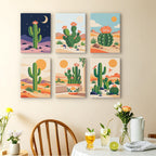 Cactus Country mini paintings displayed as a gallery wall in a sunny kitchen