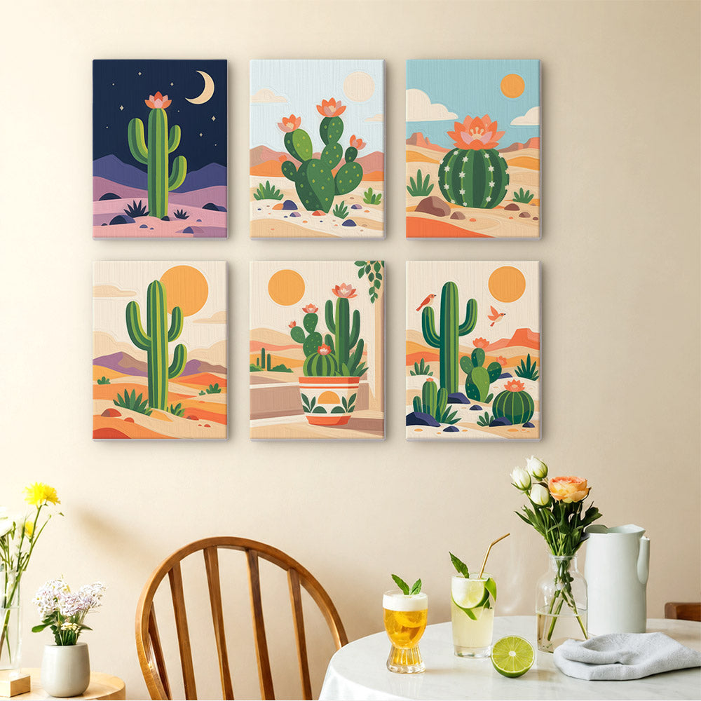 Cactus Country mini paintings displayed as a gallery wall in a sunny kitchen