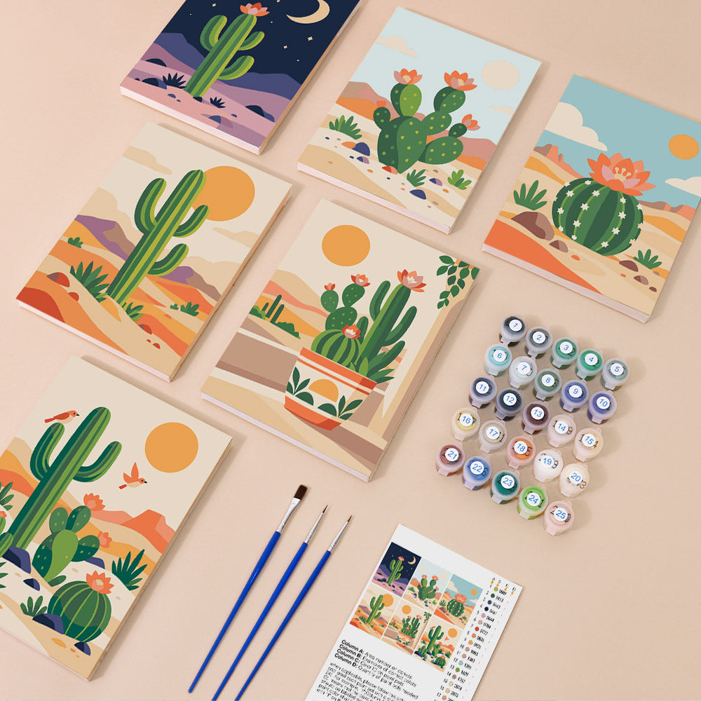 Cactus Country mini paint by numbers kit with six numbered canvases, acrylic paints, brushes and layout