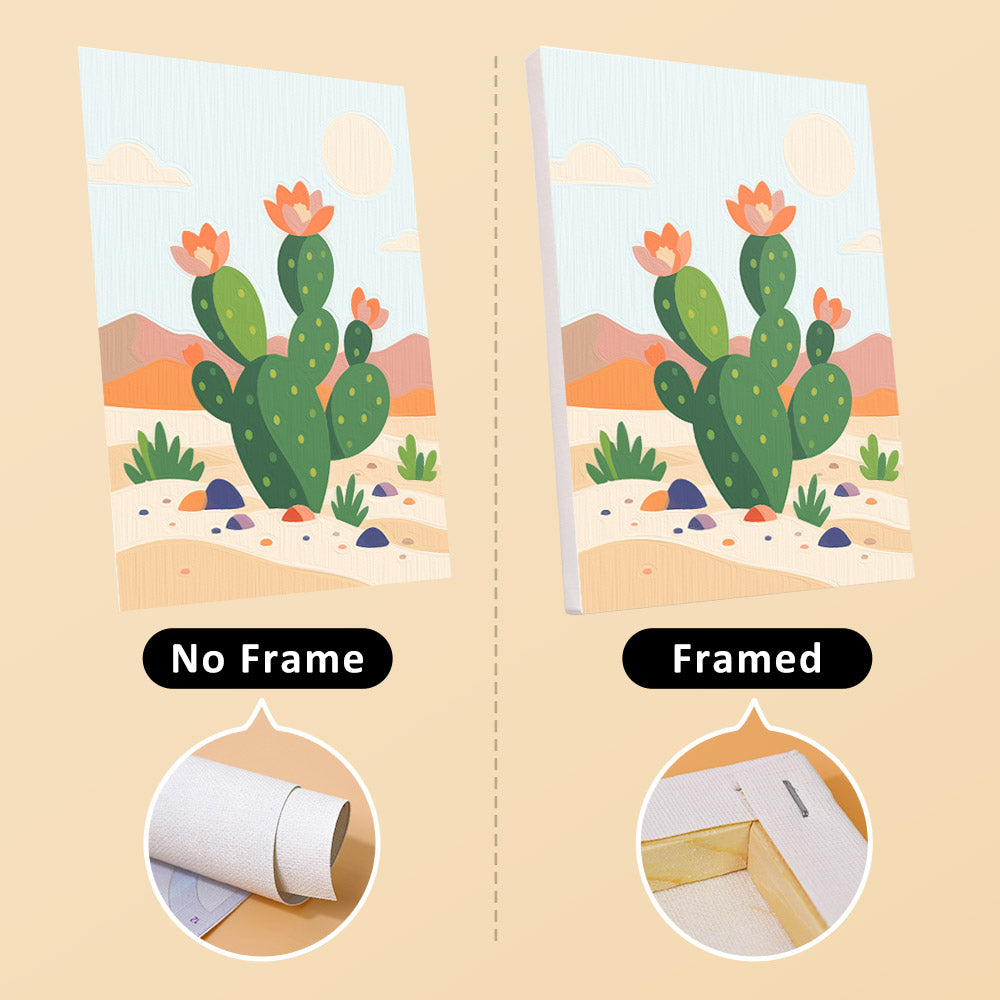Cactus Country mini canvas shown rolled without a frame and pre-stretched on a frame