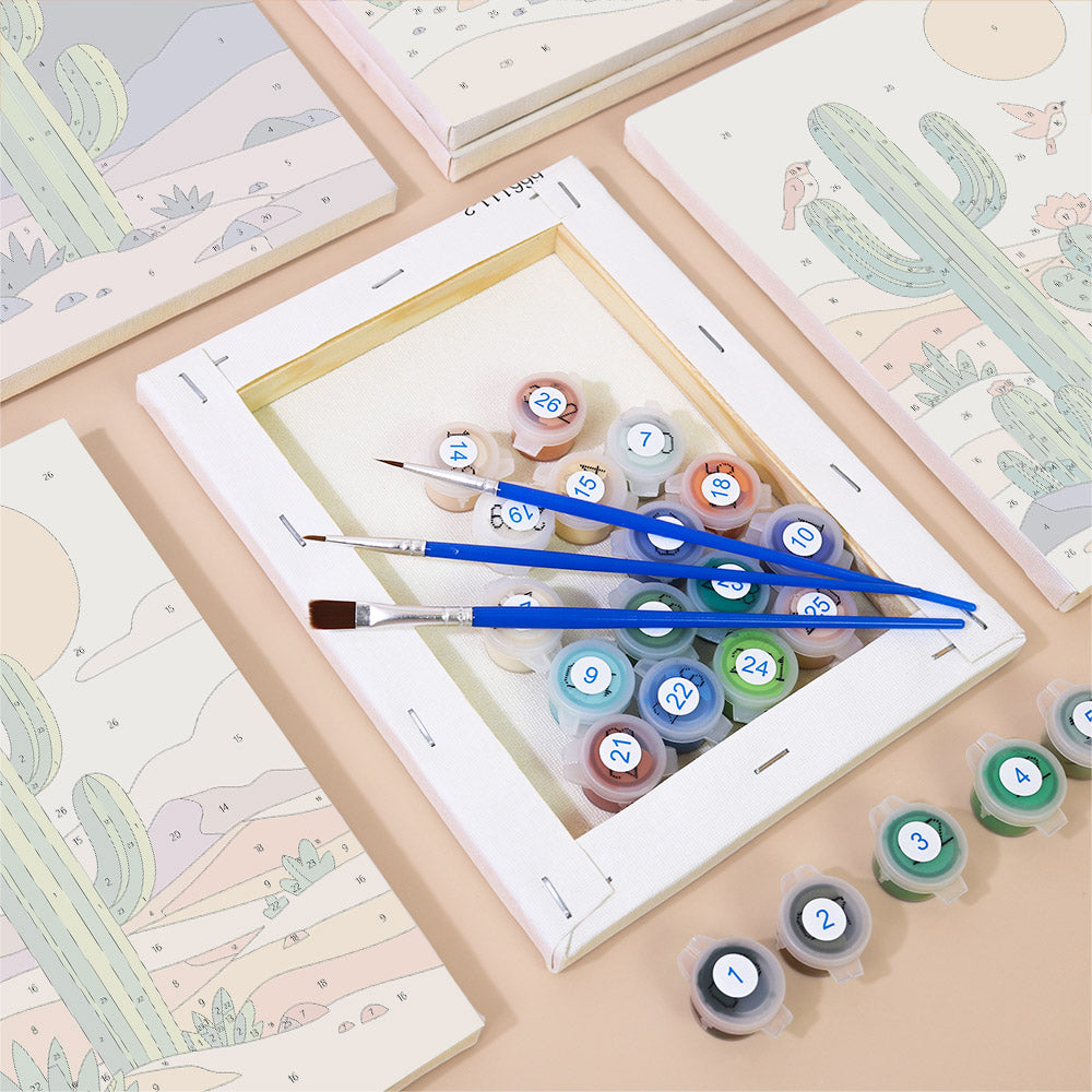 Numbered paint pots and brushes on a pre-stretched Cactus Country mini canvas