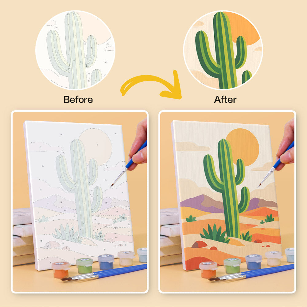 Before and after of a Cactus Country mini paint by numbers canvas