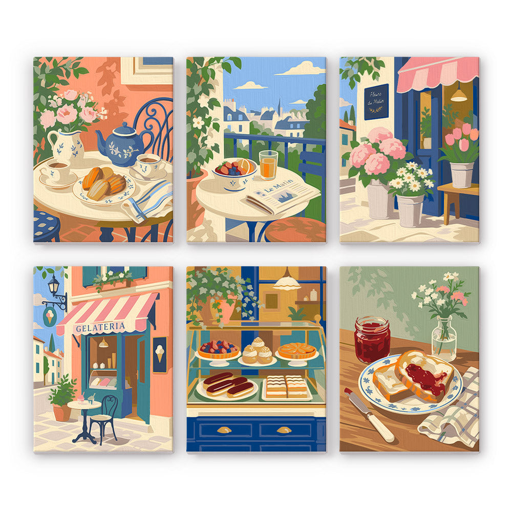 Café Mornings mini paint by numbers set: six designs of tea, a balcony, a flower shop, a gelateria, pastries and toast with jam