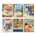 Café Mornings mini paint by numbers set: six designs of tea, a balcony, a flower shop, a gelateria, pastries and toast with jam