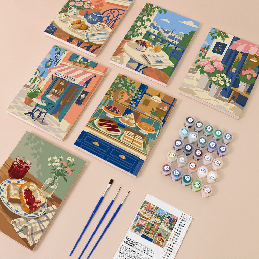 Café Mornings mini paint by numbers kit with six numbered canvases, acrylic paints, brushes and layout