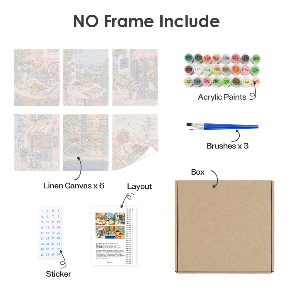 What's included without a frame: six rolled Café Mornings mini canvases, acrylic paints, three brushes and layout