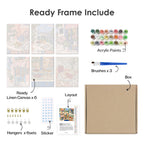 What's included pre-stretched on frame: six framed Café Mornings mini canvases, paints, three brushes, hangers and layout