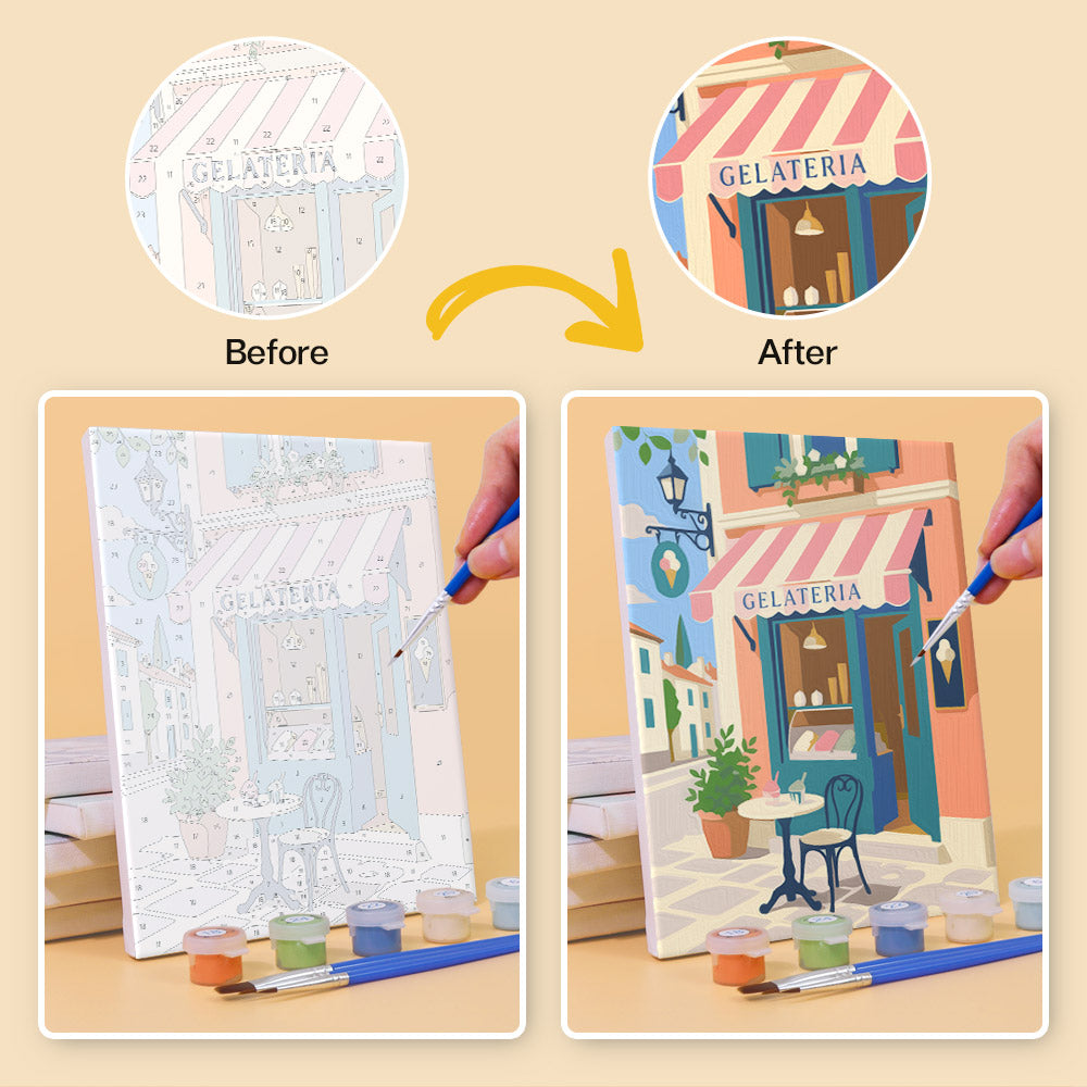 Before and after of a Café Mornings mini paint by numbers canvas