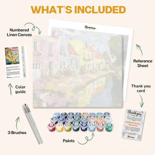 What's included in the Canal of Dreams paint by numbers kit: numbered linen canvas, reference sheet, color guide, 24 acrylic paints, 3 brushes and thank you card
