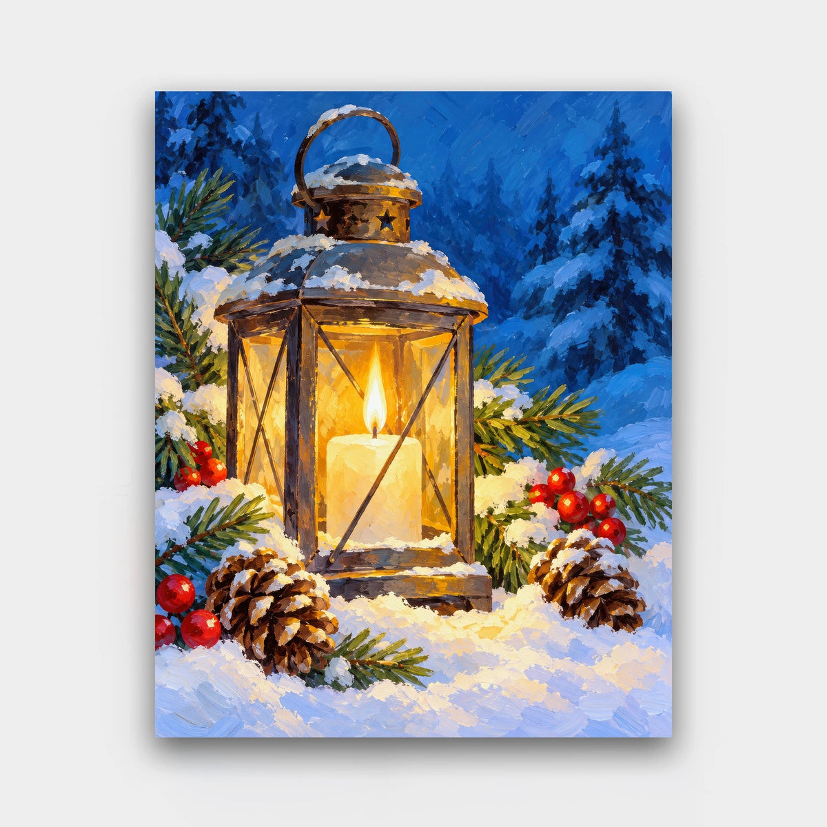 Candle in the Snow paint by numbers kit of a metal lantern with a glowing candle in snow with pine cones and red berries