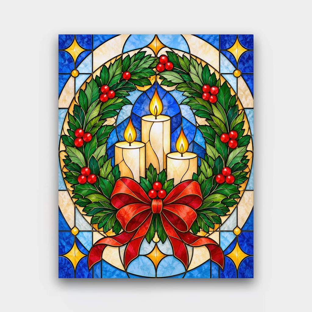 Candlelit Glass Wreath paint by numbers kit of a stained-glass Christmas wreath with red berries, a red bow and three glowing candles