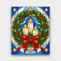 Candlelit Glass Wreath paint by numbers kit of a stained-glass Christmas wreath with red berries, a red bow and three glowing candles
