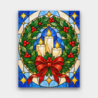 Candlelit Glass Wreath paint by numbers kit of a stained-glass Christmas wreath with red berries, a red bow and three glowing candles
