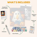 What's included in the Candlelit Spirit paint by numbers kit: numbered linen canvas, reference sheet, color guide, 24 acrylic paints, 3 brushes and thank you card