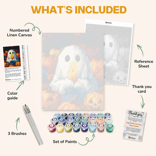 What's included in the Candlelit Spirit paint by numbers kit: numbered linen canvas, reference sheet, color guide, 24 acrylic paints, 3 brushes and thank you card