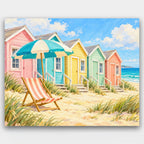 Candy-Colored Beach Huts paint by numbers kit of a row of pink, teal, yellow and mint beach huts with a deck chair and umbrella on the sand