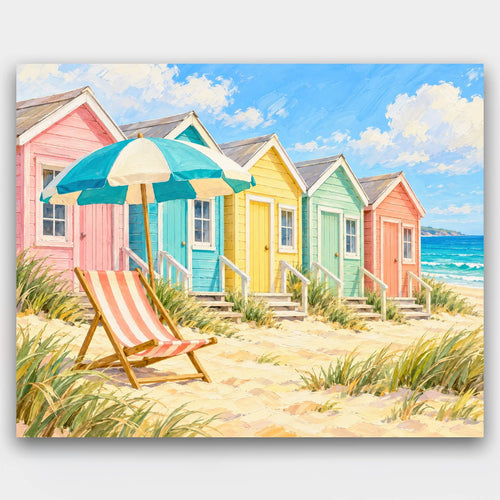 Candy-Colored Beach Huts paint by numbers kit of a row of pink, teal, yellow and mint beach huts with a deck chair and umbrella on the sand