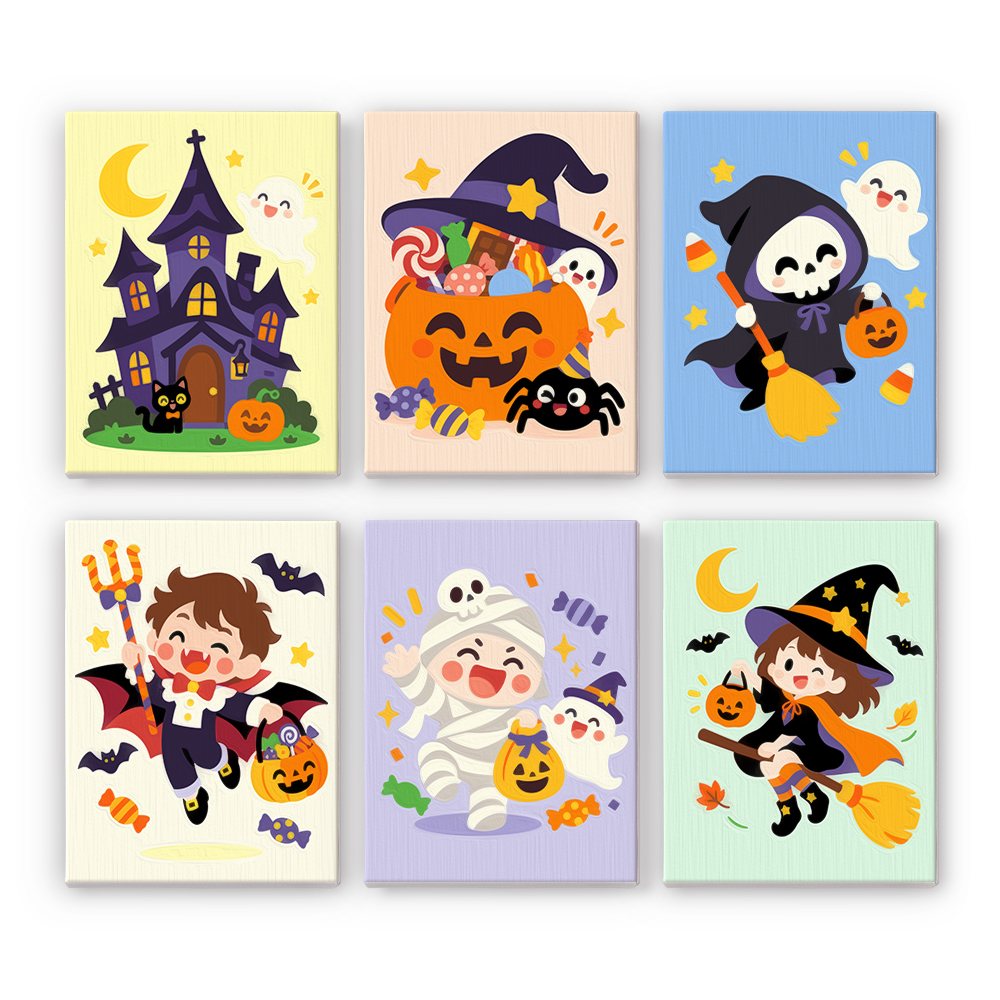 Candy Corn Chibis mini paint by numbers set: six cute chibi Halloween designs on pastel backgrounds with a haunted house, candy pumpkin, reaper, vampire, mummy and witch
