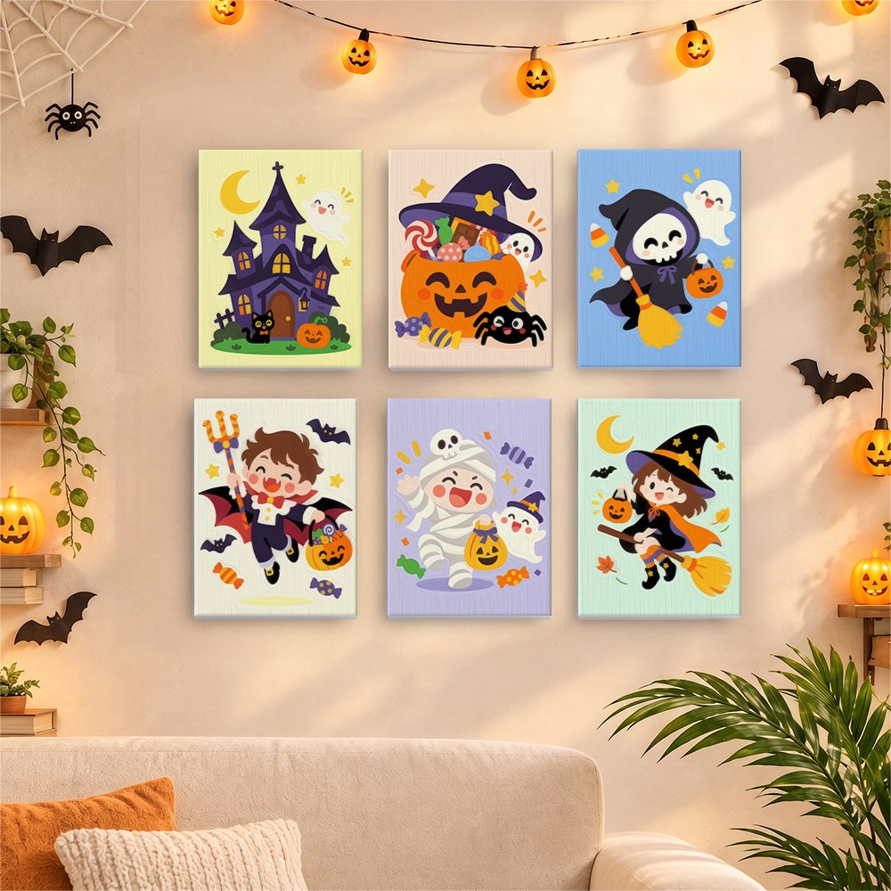 Six finished Candy Corn Chibis mini paintings hung on a wall above a table