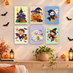 Candy Corn Chibis mini paintings displayed as a gallery wall in a sunny kitchen