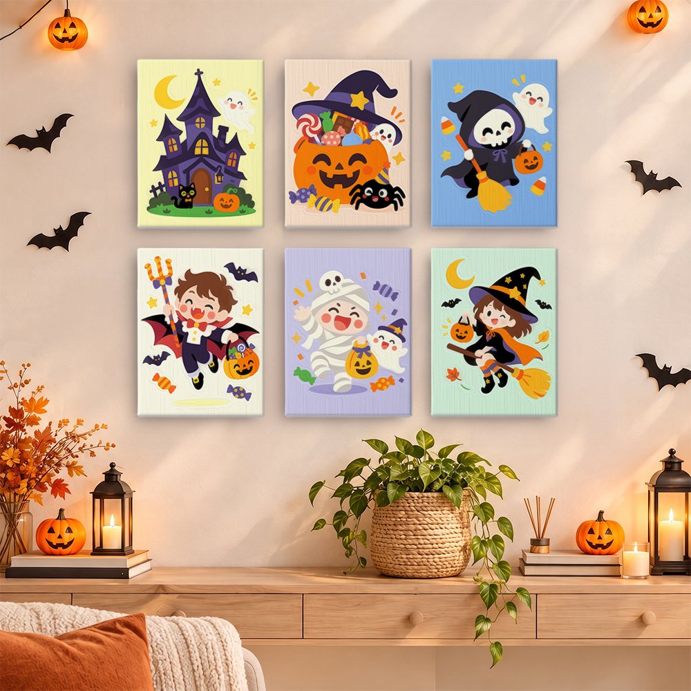Candy Corn Chibis mini paintings displayed as a gallery wall in a sunny kitchen