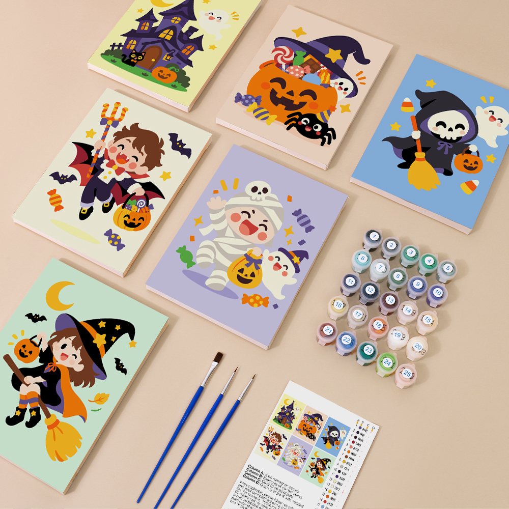 Candy Corn Chibis mini paint by numbers kit with six numbered canvases, acrylic paints, brushes and layout