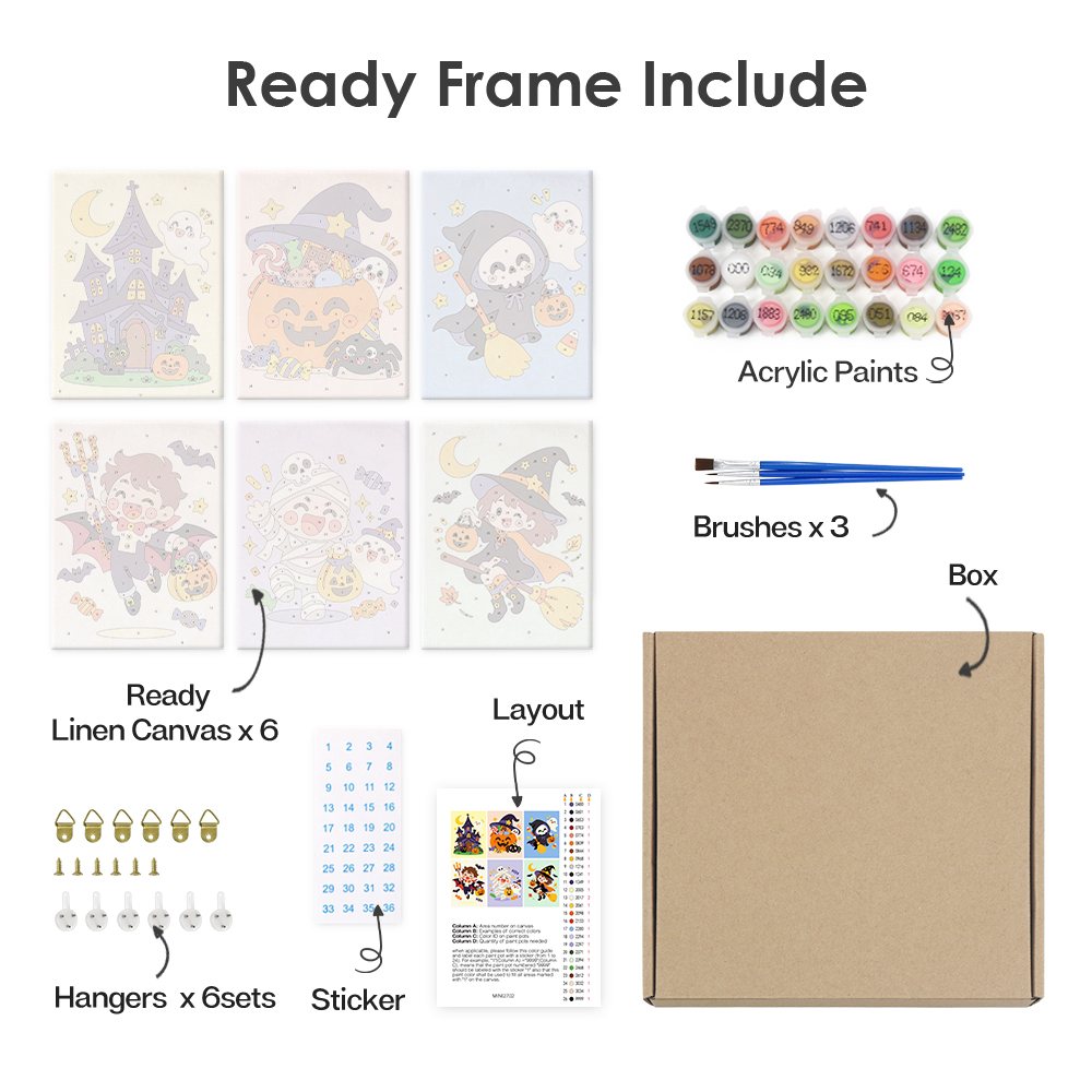 What's included pre-stretched on frame: six framed Candy Corn Chibis mini canvases, paints, three brushes, hangers and layout