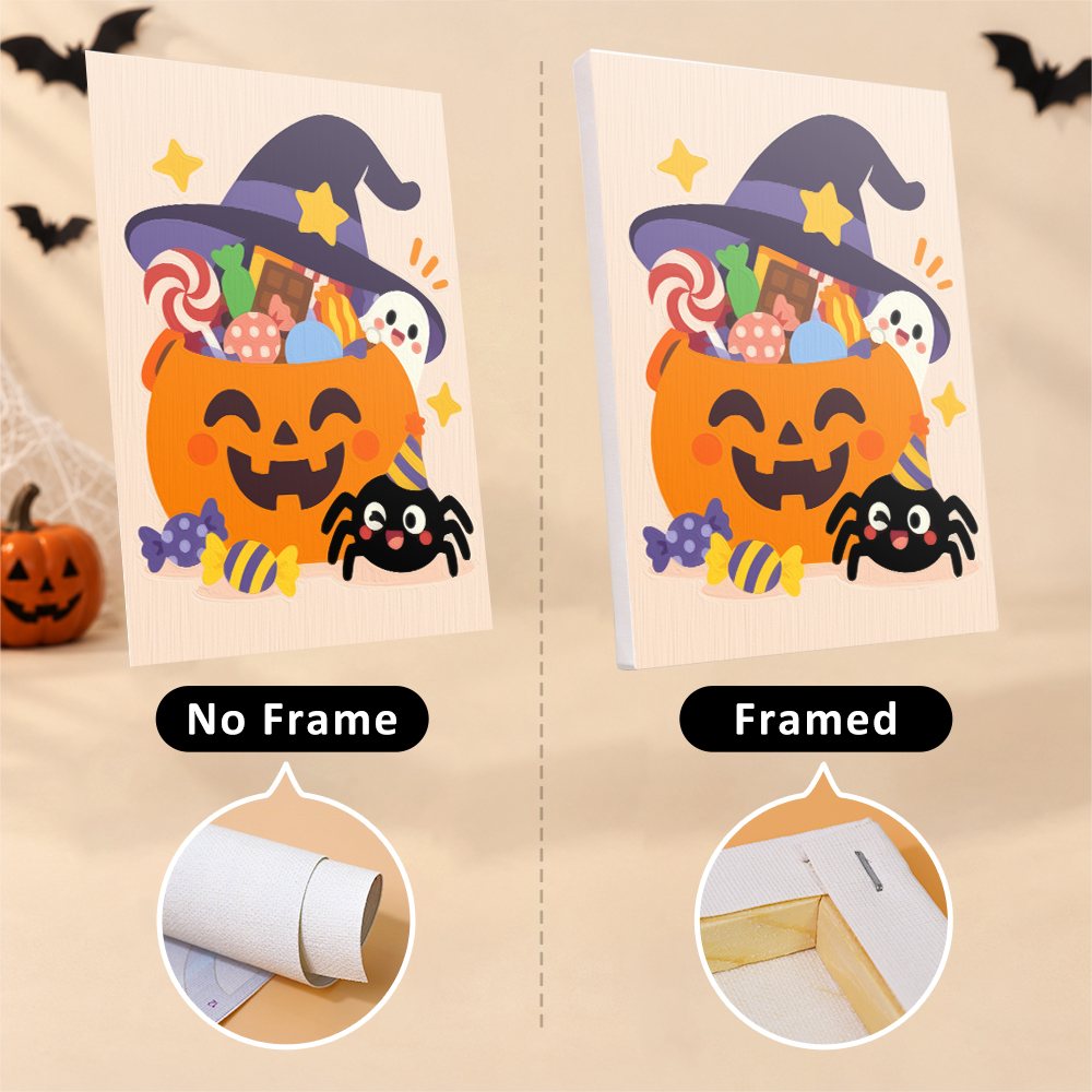 Candy Corn Chibis mini canvas shown rolled without a frame and pre-stretched on a frame